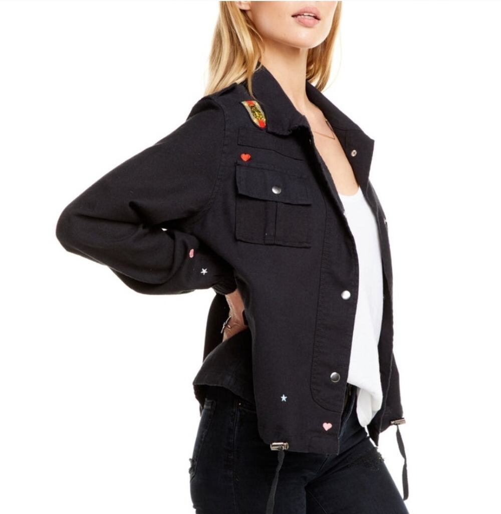 Chaser Womens Military Jacket Size M Black Canvas Embroidered Patches Punk Biker